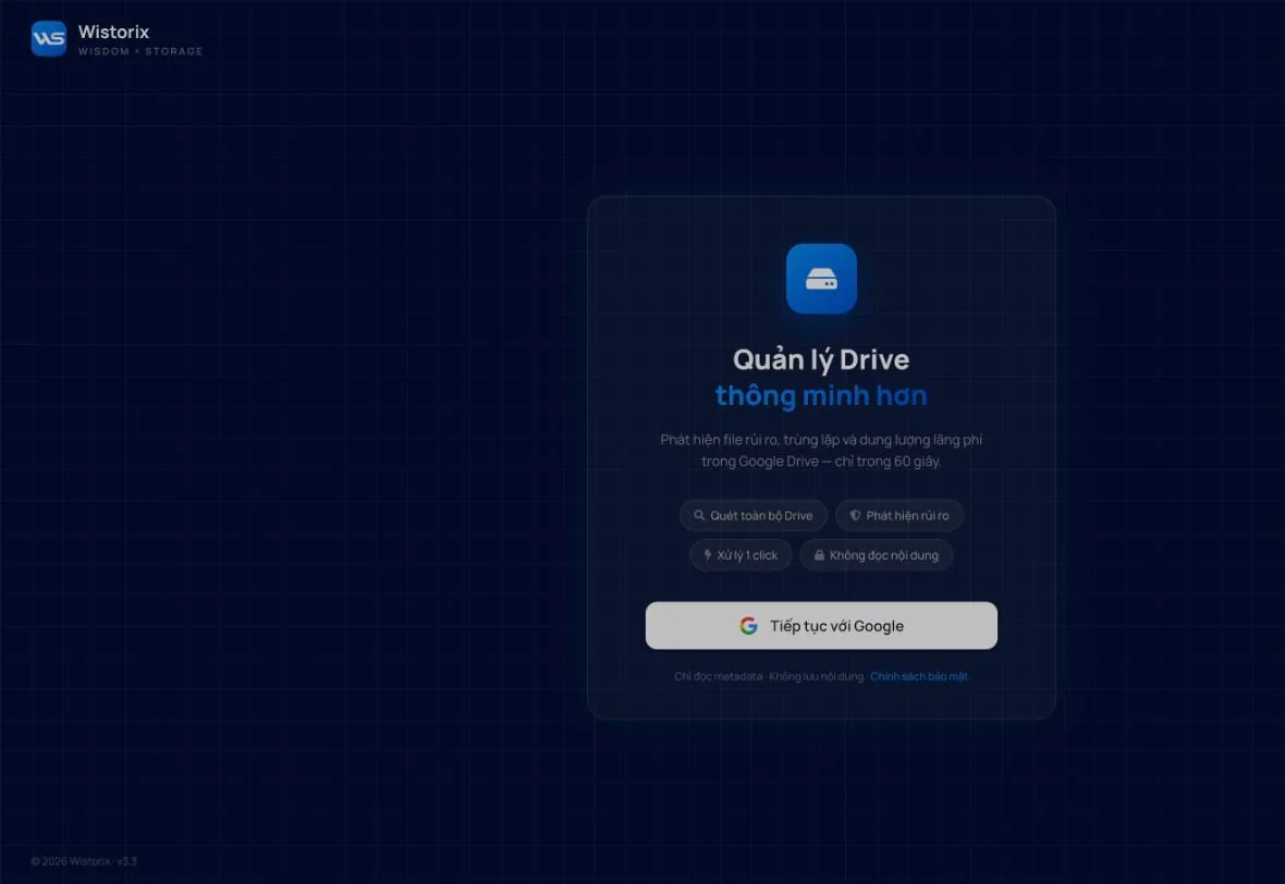 Màn hình đăng nhập Wistorix với nút Tiếp tục với Google
