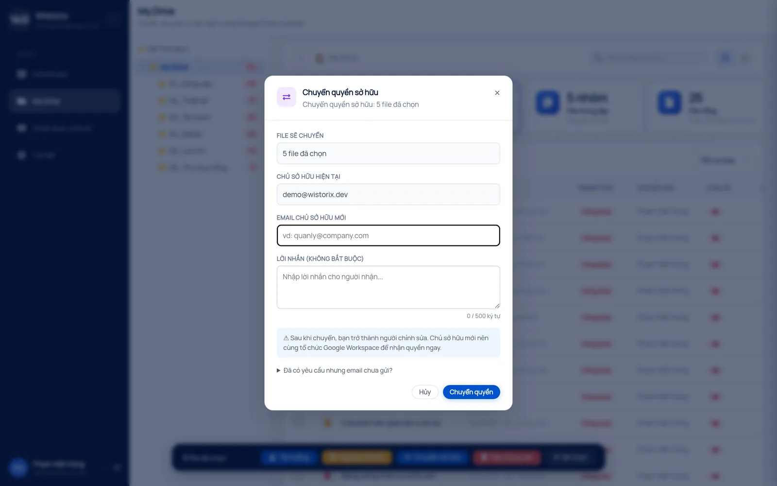 Hộp Chuyển quyền sở hữu trong Wistorix với ô email chủ sở hữu mới và lời nhắn