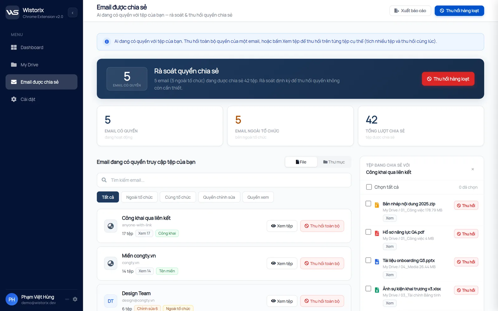 Danh sách file đang chia sẻ cho một email, dùng để thu hồi quyền Google Drive theo email trong Wistorix