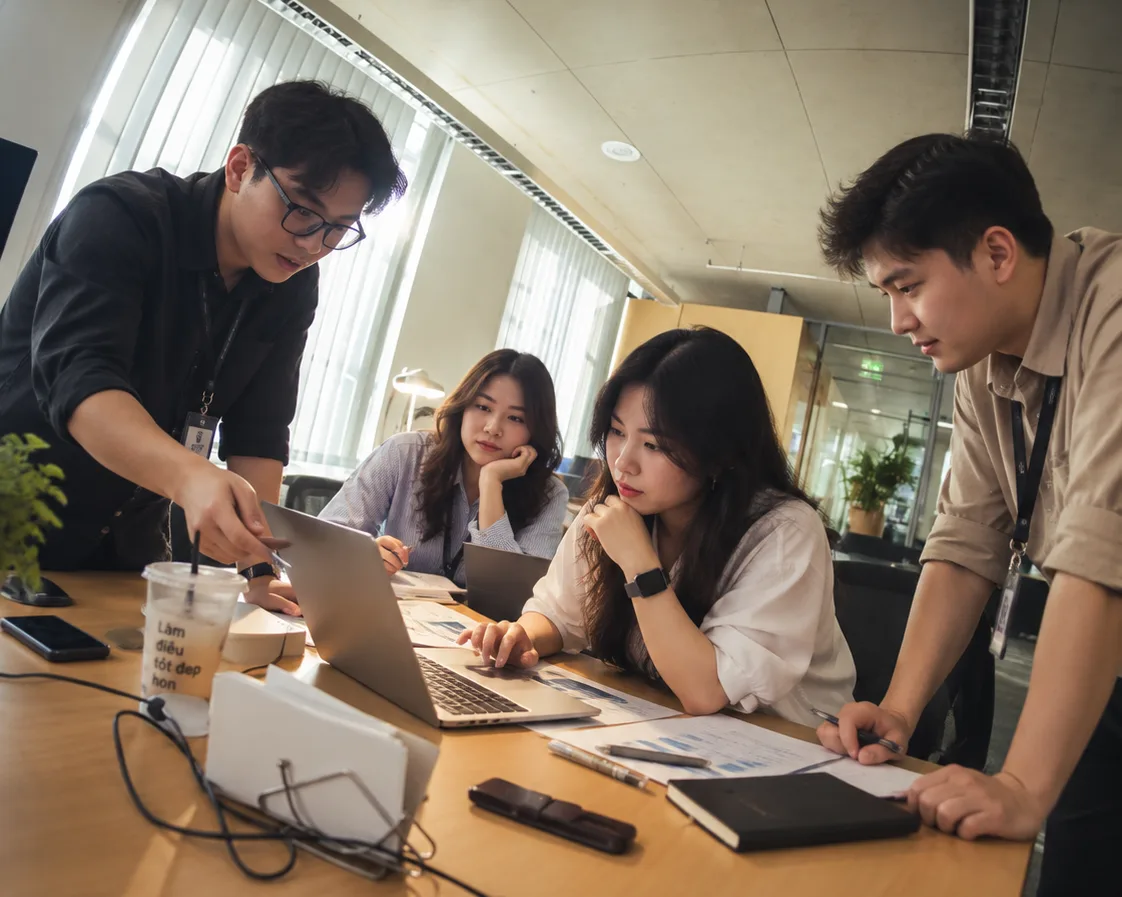 Đội ngũ in-house họp quanh bàn làm việc với tài liệu và laptop